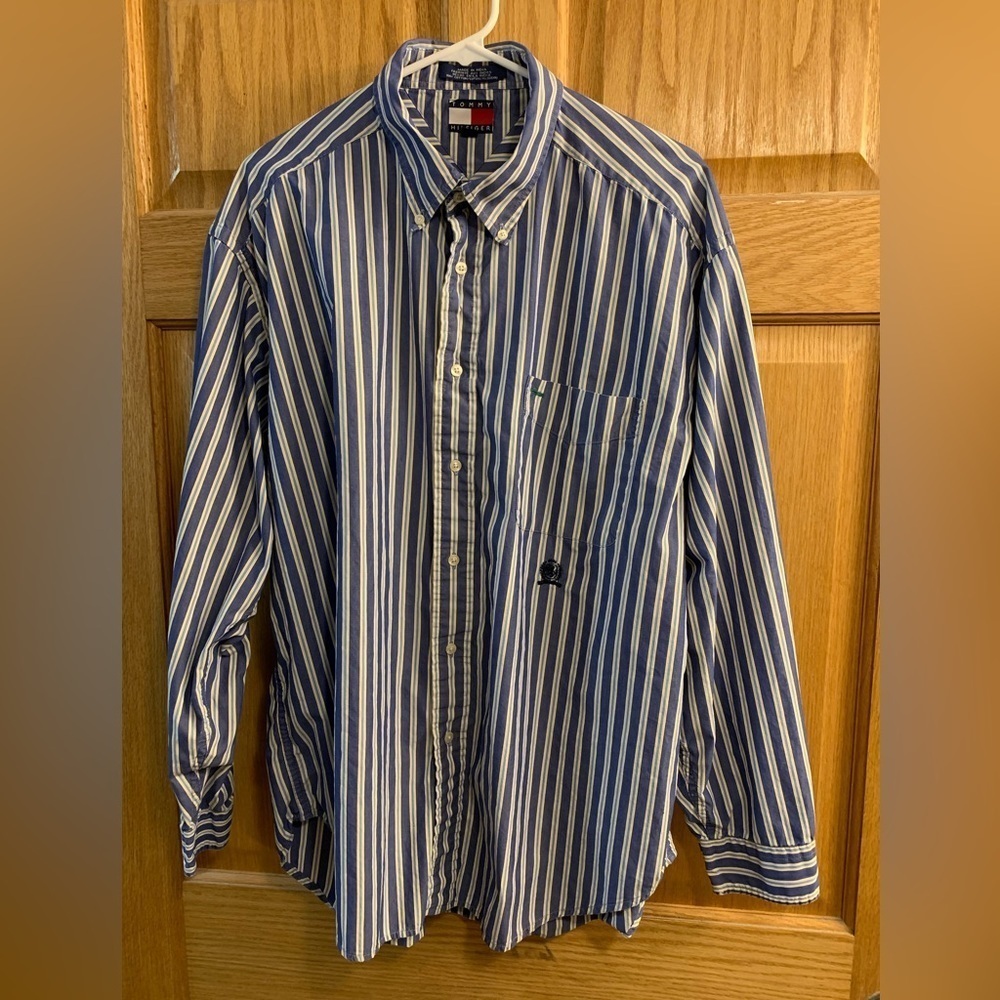 Tommy Hilfiger 90s Striped Crest Mens XL Button Up Shirt Long Sleeve Blue White